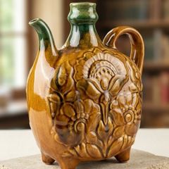 Vintage Majolica Glazed Ceramic Pilgrim Flask / Wine Canteen Jug (4-Footed)