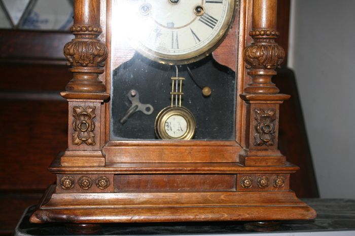 Antique Wood Carved P.H. S. 1800s Mantel Clock (in working order -  the clock doesn't ring) 21,5" x 11"