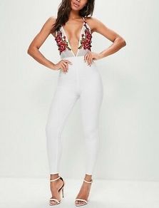 MISSGUIDED Strappy Mesh Embroidered Plunge Jumpsuit