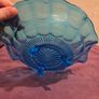 Vintage Turquoise Davison "Jacobean" pressed Glass Shallow 3 Footed Bowl Image 4