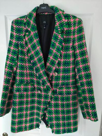 River Island Pink & Green Tweed Double-Breasted Blazer size 10