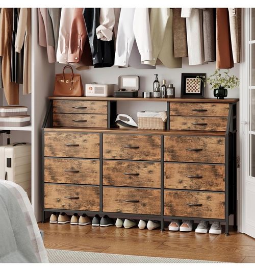 Dresser for Bedroom with 13 Drawers, 55 inchWide Chest of Drawers, Fabric Dresser with 2 Wooden Shelves, Storage Organizer Unit with Fabric Bins for Bedroom, Living Room, Hallway, Rustic Brown