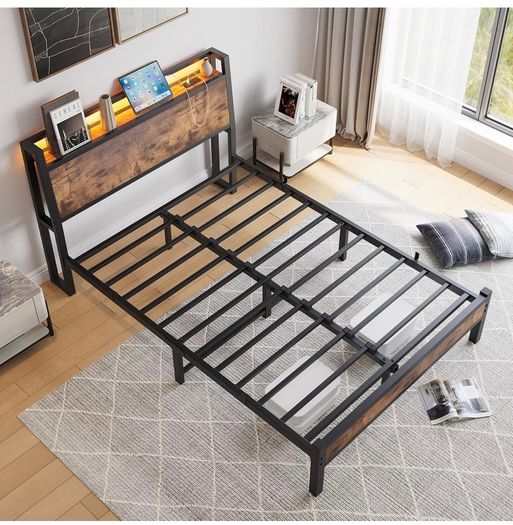 Double Bed Frame 135 x 190 cm with Wooden Storage Headboard, Black Charging Station, LED Lights, Heavy Duty Metal Slats, Under Bed Storage,No Box Spring Needed,Easy Assembly