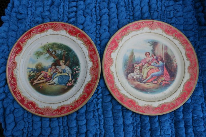 2 Antique Tin Plate Metal Box Co Portland Ware MELODY Shepherds Romantic 10" Wear