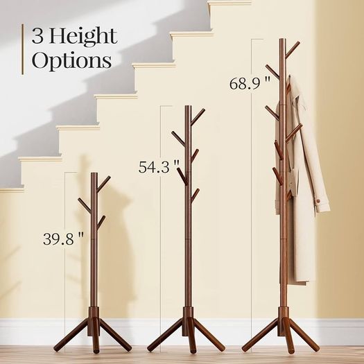 FREE SHIPPING Sturdy Wooden Coat Stand, 3 Adjustable Sizes Coat Tree with 8 Hooks, Coat Stands for Hallway Entryway, Hat Stand for Clothes, Used in Bedroom/Office/Hallway/Entryway