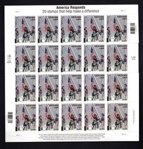 2002 USA Heroes of 2001 Commemorative Stamp Sheet of 20 Plate P1111 Mint Never Hinged (MNH)