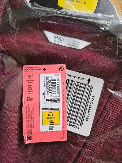 M&S Girls Cotton Rich Burgundy School Cardigan 6-7 Years