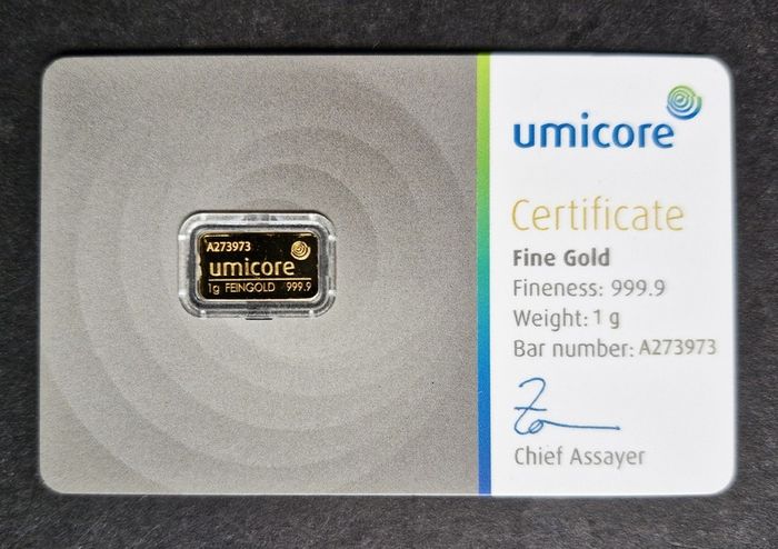 Gold Bar 1 Gram .999 Umicore In Assay Cert