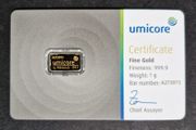Gold Bar 1 Gram .999 Umicore In Assay Cert