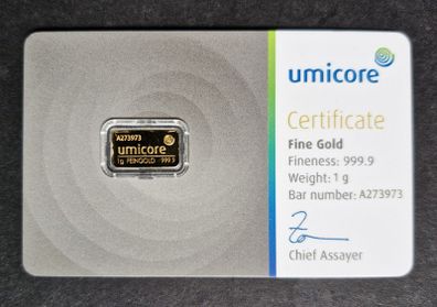 Gold Bar 1 Gram .999 Umicore In Assay Cert