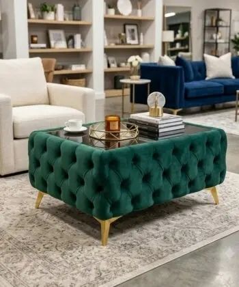 Chesterfield Coffee Table Velvet Rectangle 83x63x45cm with Glass