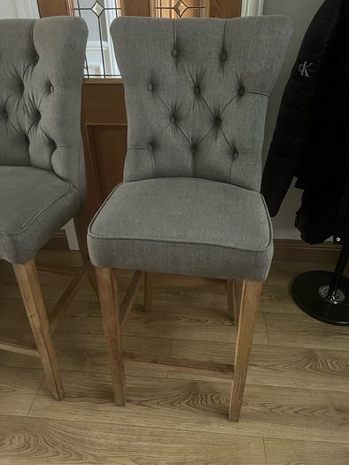 Pair of Grey Fabric Bar Stools / Counter Chairs
