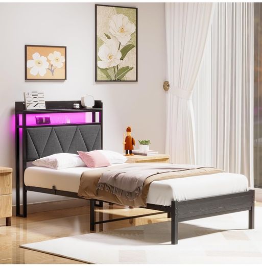 Single Bed Frames with 3ft Upholstered Wooden Two shelf Storage Headboard, Charging Station,LED Lights
