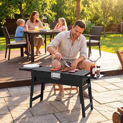 Portable BBQ Grill  Foldable Charcoal Grill with 2 Side Shelves and Handle