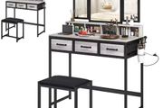 Makeup Vanity Table with Tri-Fold Mirror Stool &amp; Storage Drawers