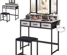 Makeup Vanity Table with Tri-Fold Mirror Stool & Storage Drawers
