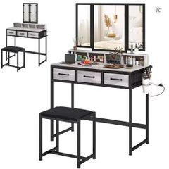 Makeup Vanity Table with Tri-Fold Mirror Stool & Storage Drawers