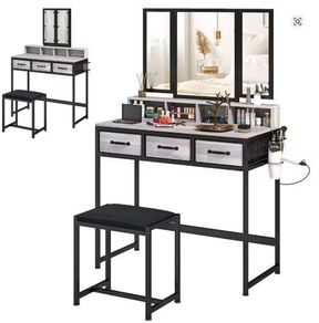 Makeup Vanity Table with Tri-Fold Mirror Stool & Storage Drawers