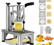 Commercial French Fry Cutter with 4 Replacement Blades, 0.64 cm & 0.95 cm Blade Easy Dicer Chopper, 6-wedge Slicer & 6-wedge Apple Corer, Lemon Potato Cutter for French Fries with Tray and Handle