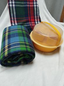 Pristine Vintage 70s Style Picnic Set  Yellow Space-Age Carrier & Plaid/ Tartan Blankets