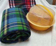 Pristine Vintage 70s Style Picnic Set  Yellow Space-Age Carrier & Plaid/ Tartan Blankets