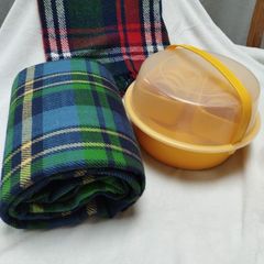 Pristine Vintage 70s Style Picnic Set  Yellow Space-Age Carrier & Plaid/ Tartan Blankets