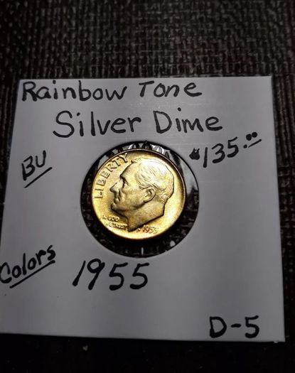 Rainbow Toned Gold Color Silver Coin 1955    Roosevelt  Dime  BU   D-5