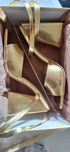 Public Desire Gold Block Heel Sandles.