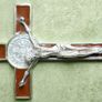 Vintage Religious Large metal and brown enamel Cross Christus Corpus Crucifix INRI and St Benedict charm, St Benedictus Cross pendant charm Image 4