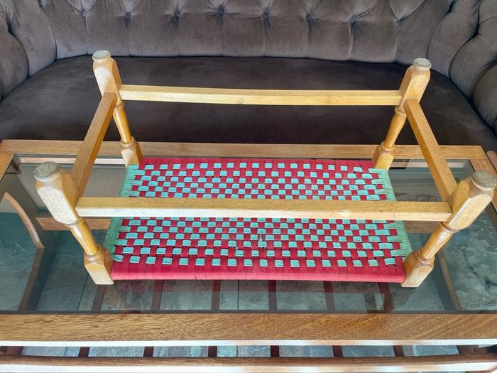 Rare Vintage Long Sugan Style Ottoman Stool Bench Woven with Red Green Cotton Rope