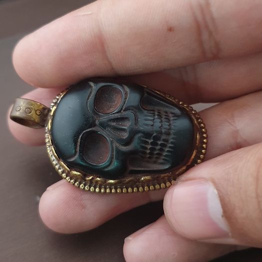 Vintage Gold Plated brass Floral Desgin &carved Skull shape Jade Pendant