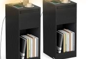 Slim Bedside Tables with Charging Station and LED Light, Set of 2 Narrow Side End Tables, USB Ports, Drawer and Open Compartment, for Bedroom, Living Room, Ebony Black