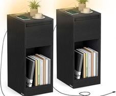 Slim Bedside Tables with Charging Station and LED Light, Set of 2 Narrow Side End Tables, USB Ports, Drawer and Open Compartment, for Bedroom, Living Room, Ebony Black