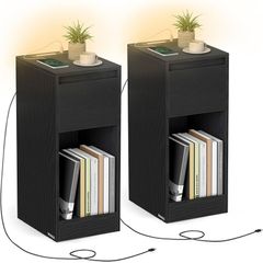 Slim Bedside Tables with Charging Station and LED Light, Set of 2 Narrow Side End Tables, USB Ports, Drawer and Open Compartment, for Bedroom, Living Room, Ebony Black