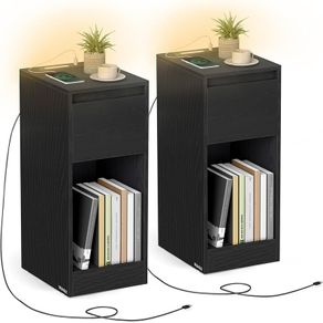 Slim Bedside Tables with Charging Station and LED Light, Set of 2 Narrow Side End Tables, USB Ports, Drawer and Open Compartment, for Bedroom, Living Room, Ebony Black