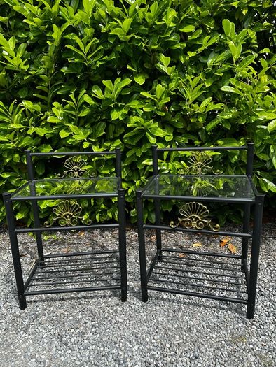 2 Regency Hollywood bedside tables black and gold with a glass top in perfect condition. W530 D409 H750
