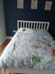 White wooden bed frame and mattress - King
