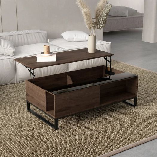 Side table with lift function, hidden storage compartment, walnut wood-effect, steel frame, 102 x 58 x 35.5 cm