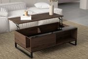 Side table with lift function, hidden storage compartment, walnut wood-effect, steel frame, 102 x 58 x 35.5 cm