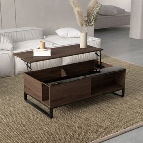 Side table with lift function, hidden storage compartment, walnut wood-effect, steel frame, 102 x 58 x 35.5 cm