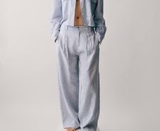 wide leg trousers Mango blue stripes linen rich blend size 40 new
