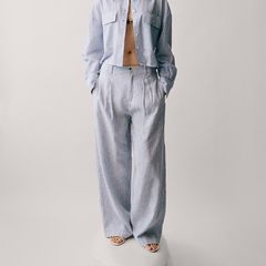 wide leg trousers Mango blue stripes linen rich blend size 40 new