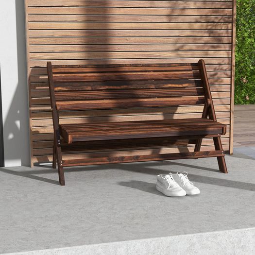 2-Person Garden Bench, Rustic Design, Foldable, Natural Wood, 122 x 63 x 83 cm, Carbonized Surface