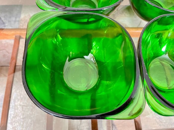 4 Stylish Vintage Vereco France Forest Green Clear Bowls with Tab Handles 1960 70s
