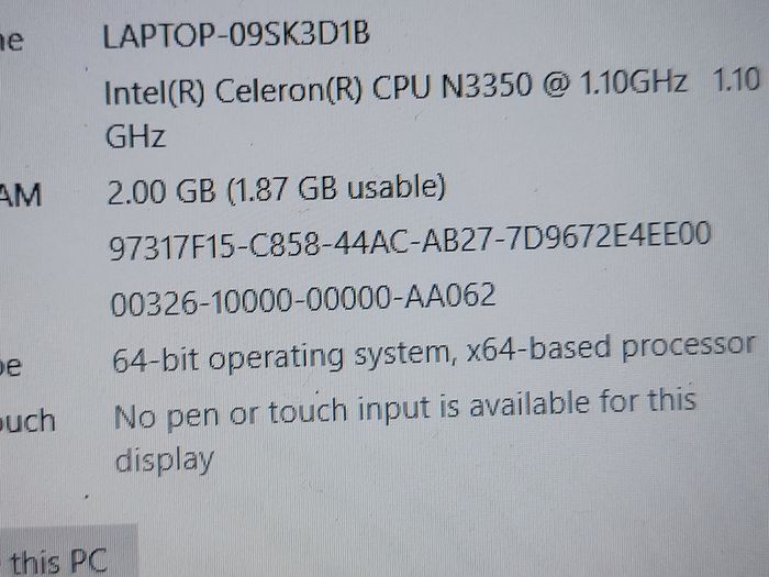 Asus Notebook PC, Model E203N, Intel Celeron CPU N3350, 1.1GHz, 2 GB Ram, 32GB Flash drive, windows 10, microsoft Edge, Chrome and VLC
