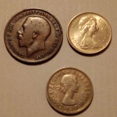 Lot of 3 Vintage British Coins - 1920 Penny, 1963 Shilling & 1968 5 New Pence
