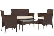 4 Piece Rattan Garden Furniture Sofa Set with Loveseat, Armchairs, Glass-Top Coffee Table and Cushions, Brown