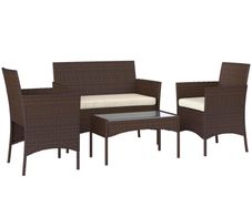 4 Piece Rattan Garden Furniture Sofa Set with Loveseat, Armchairs, Glass-Top Coffee Table and Cushions, Brown