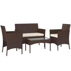 4 Piece Rattan Garden Furniture Sofa Set with Loveseat, Armchairs, Glass-Top Coffee Table and Cushions, Brown