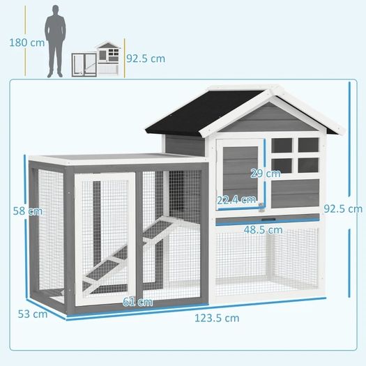 2 Tiers Rabbit Hutch and Run Wooden Guinea Pig Hutch Outdoor with Sliding Tray, Ramp, 122 x 62.6 x 92cm, Grey